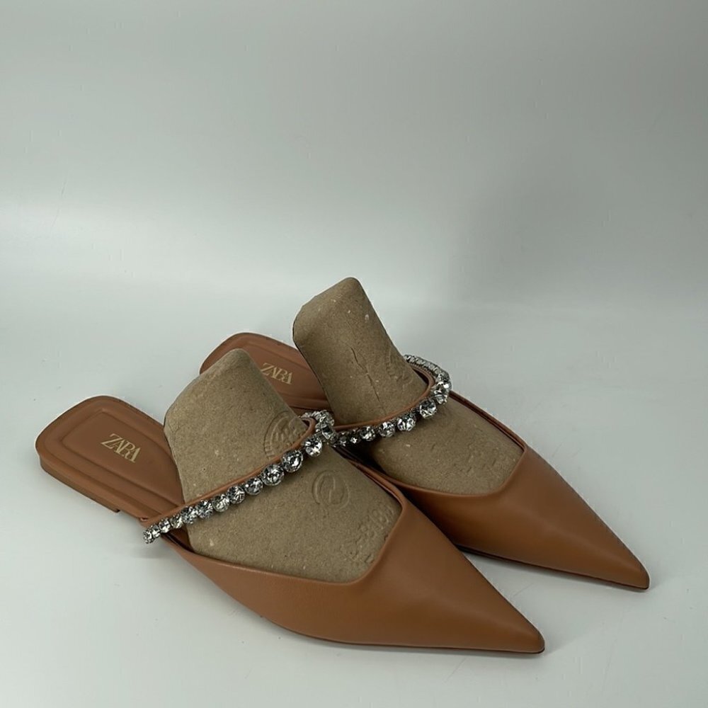 Zara sling back flat point shoes with rhinestones neutral beige brown sz 6 - Picture 8 of 13